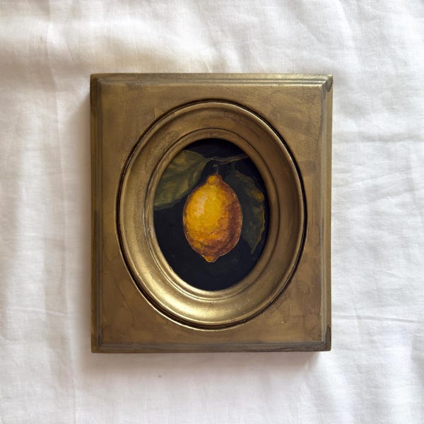 Stimmungsvolles Zitronenstillleben – Original-Gouache-Gemälde, gerahmtes Vintage-Fruchtbild, Dekoration für kleine, dunkle Küchen, sommerlicher Zitrus-Wandakzent
