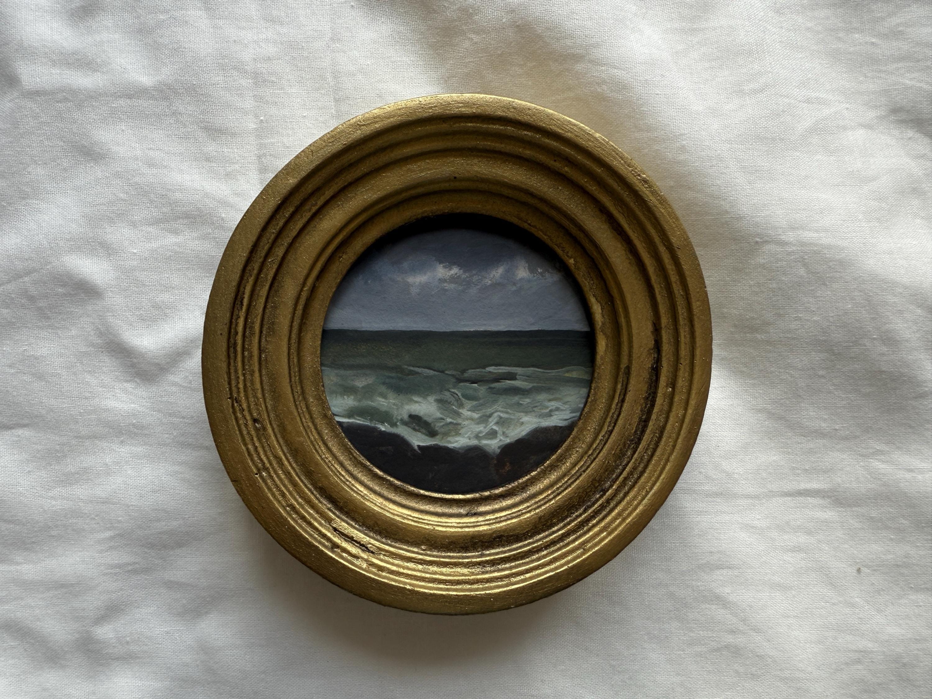 Mini Coastal Seascape – Round Gouache Painting, Small Framed Ocean Art, Hand-Painted Beach Scene, Summer Wall Decor, Original Artwork