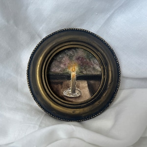 Dipinto ad acquerello originale di candela accesa - Piccola opera d'arte in stile vintage con cornice dorata, autentico arredamento d'interni antico, dipinto rotondo