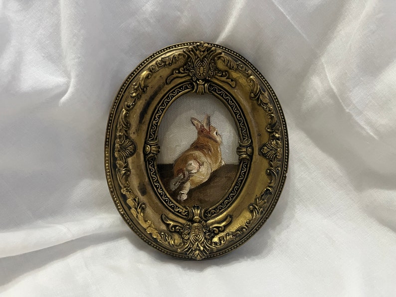 Vintage oval framed bunny portrait, antique original handmade rabbit painting, bunny oil painting, original painting wall gallery, bunny art image 7