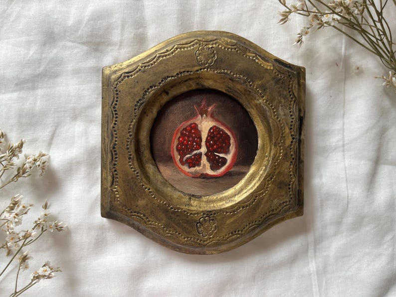 Framed Original Still Life with Pomegranate Oil Painting | It can be hung and displayed