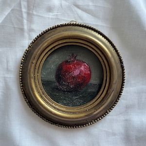 Vintage framed still life with passion fruit, Original handmade oil painting in handmade golden frame, Antique still life, round painting