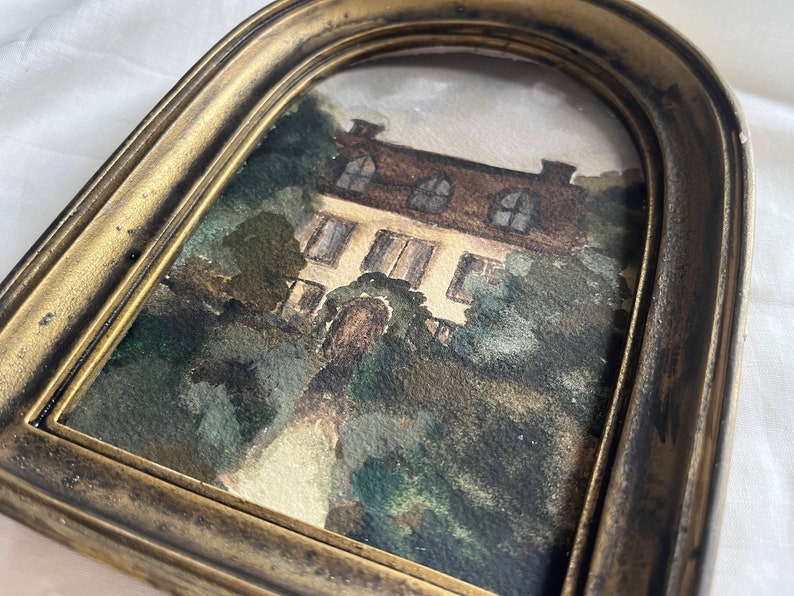 Vintage Golden Framed watercolor landscape farmhouse and garden Original and authentic hand painted french countryside moody rustic house image 4