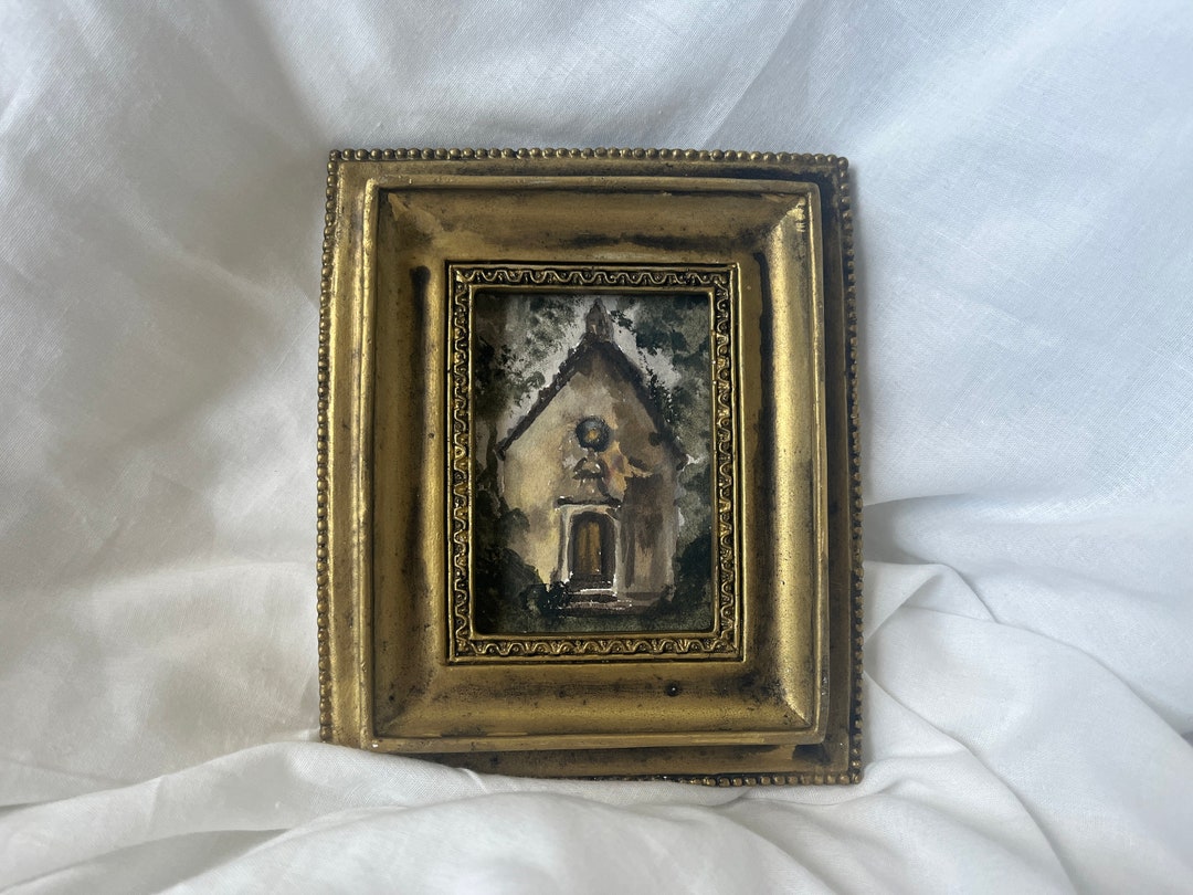 ヴィンテージフレンチスタイルの教会の水彩画 - 金色のフレーム