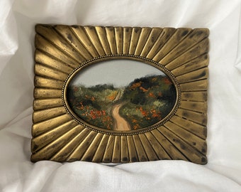 Vintage gouden ingelijst olieverfschilderij landschap, Europese velden met bloemen schilderij, origineel en authentiek handgeschilderd Frans platteland