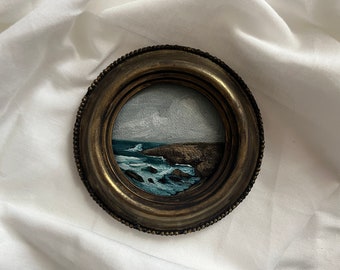 Vintage round framed seascape oil painting | Original arched antique tropical wall art | Framed beach oil painting gallery | Coastal sea art