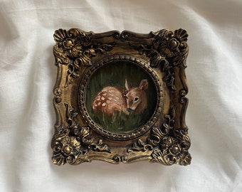 Vintage framed deer portrait, gothic original handmade baby deer painting, deer oil painting, original oil painting wall gallery, deer art