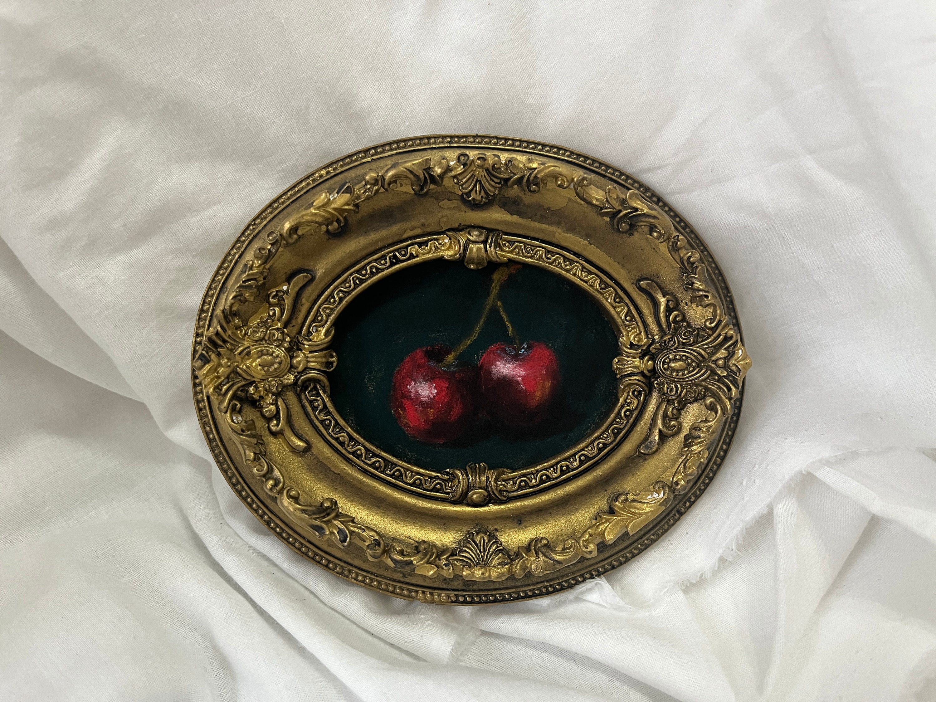 Framed original soft pastels cherries still life painting Moody little pastels kitchen painting Vintage looking oval art Original gift