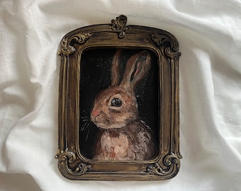 Vintage framed bunny portrait, gothic original handmade rabbit painting, bunny oil painting, original oil painting wall gallery, bunny art