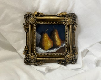 Framed original soft pastels pears still life painting | Moody little pastels kitchen painting | Vintage looking square art | Original gift