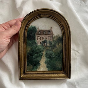 Vintage Golden Framed oil painting landscape farmhouse and garden Original and authentic hand painted french countryside moody rustic house image 2