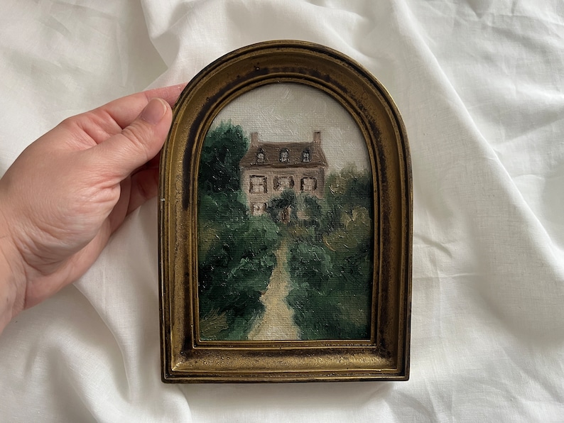 Vintage Golden Framed oil painting landscape farmhouse and garden Original and authentic hand painted french countryside moody rustic house image 2