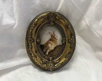 Vintage oval framed bunny portrait, antique original handmade rabbit painting, bunny oil painting, original painting wall gallery, bunny art