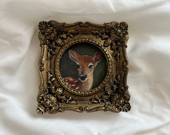 Vintage framed deer portrait, gothic original handmade baby deer painting, fawn oil painting, original oil painting wall gallery, deer art