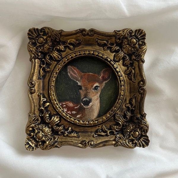 Vintage framed deer portrait, gothic original handmade baby deer painting, fawn oil painting, original oil painting wall gallery, deer art