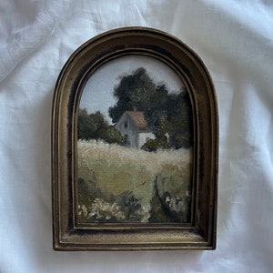 Vintage Golden Framed oil painting landscape farmhouse and garden Original and authentic hand painted french countryside moody rustic house