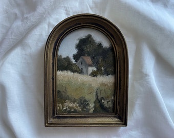 Vintage Golden Framed oil painting landscape farmhouse and garden Original and authentic hand painted french countryside moody rustic house