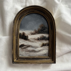 Vintage Arched Golden Framed winter landscape oil painting Christmas original and authentic hand painted European moody Landscape snowy art