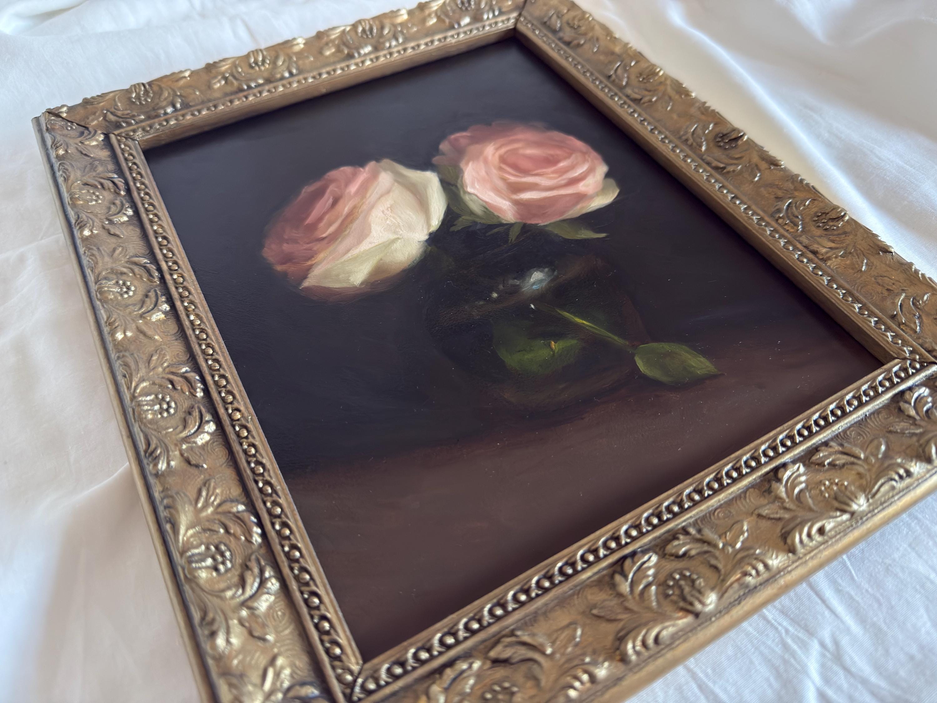 ユニークな静物画、ピンクのバラ、木製フレーム入り油絵 | 9x7インチ