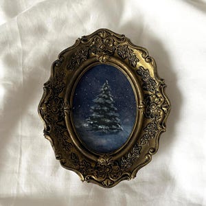 Original Framed Snowy Fir Tree Watercolor, Christmas Tree Art in Handmade Oval Golden Vintage Looking Frame, Unique Gift for Antique Lovers