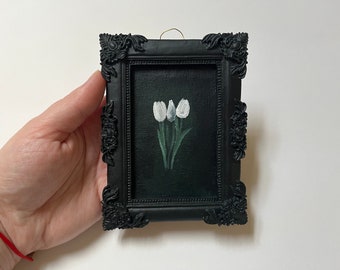 Little framed original oil painting on canvas still life original acrylic painting authentic and unique, interior art white tulips, tiny art