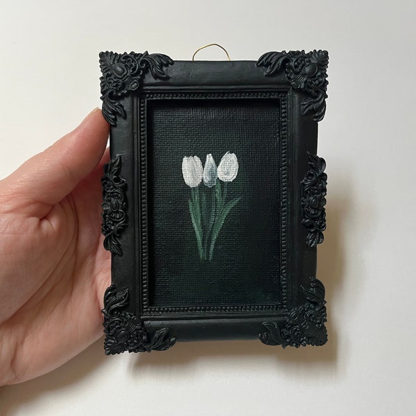 Little framed original oil painting on canvas still life original acrylic painting authentic and unique, interior art white tulips, tiny art