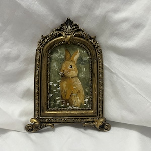 Vintage Ached framed bunny portrait, antique original handmade rabbit painting, bunny oil painting, original painting wall gallery bunny art