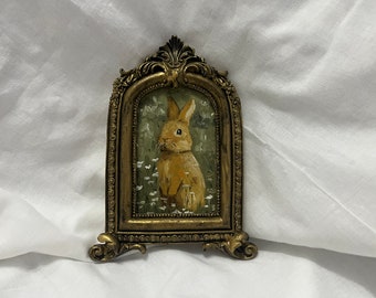 Vintage Ached framed bunny portrait, antique original handmade rabbit painting, bunny oil painting, original painting wall gallery bunny art