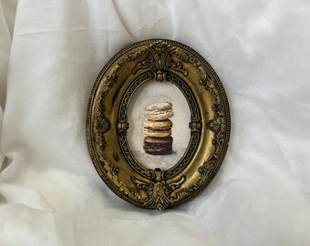 Vintage gouden ingelijste bitterkoekjes aquarel, origineel en authentiek geschilderd Frans gebak, voedselkunst, Europese antieke look voedselschilderij
