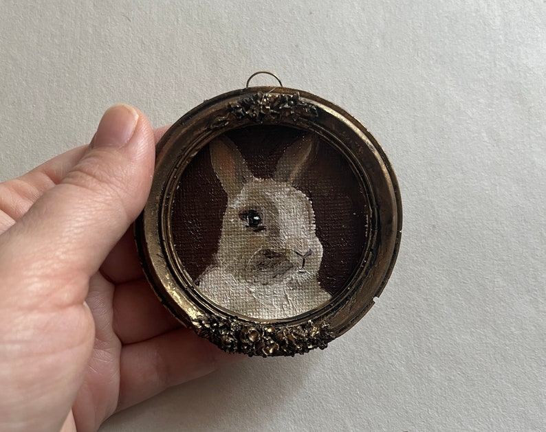 Vintage framed bunny portrait, gothic original handmade rabbit painting, bunny oil painting, original oil painting wall gallery, bunny art Bunny 3