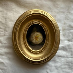 Original Still Life with Rose Oil Painting in Handmade Golden Frame, Antique Look Decor, Original Handmade Oval Wall Art, Little flower art