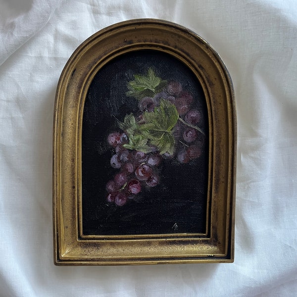 Vintage framed still life with grapes, Original handmade oil painting in handmade golden frame, Antique still life with fruits, vintage art