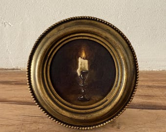 Original Oil Painting of a Lighted Candle in the Dark in Handmade Round Frame | 4x4 inches small still life with candle oil painting