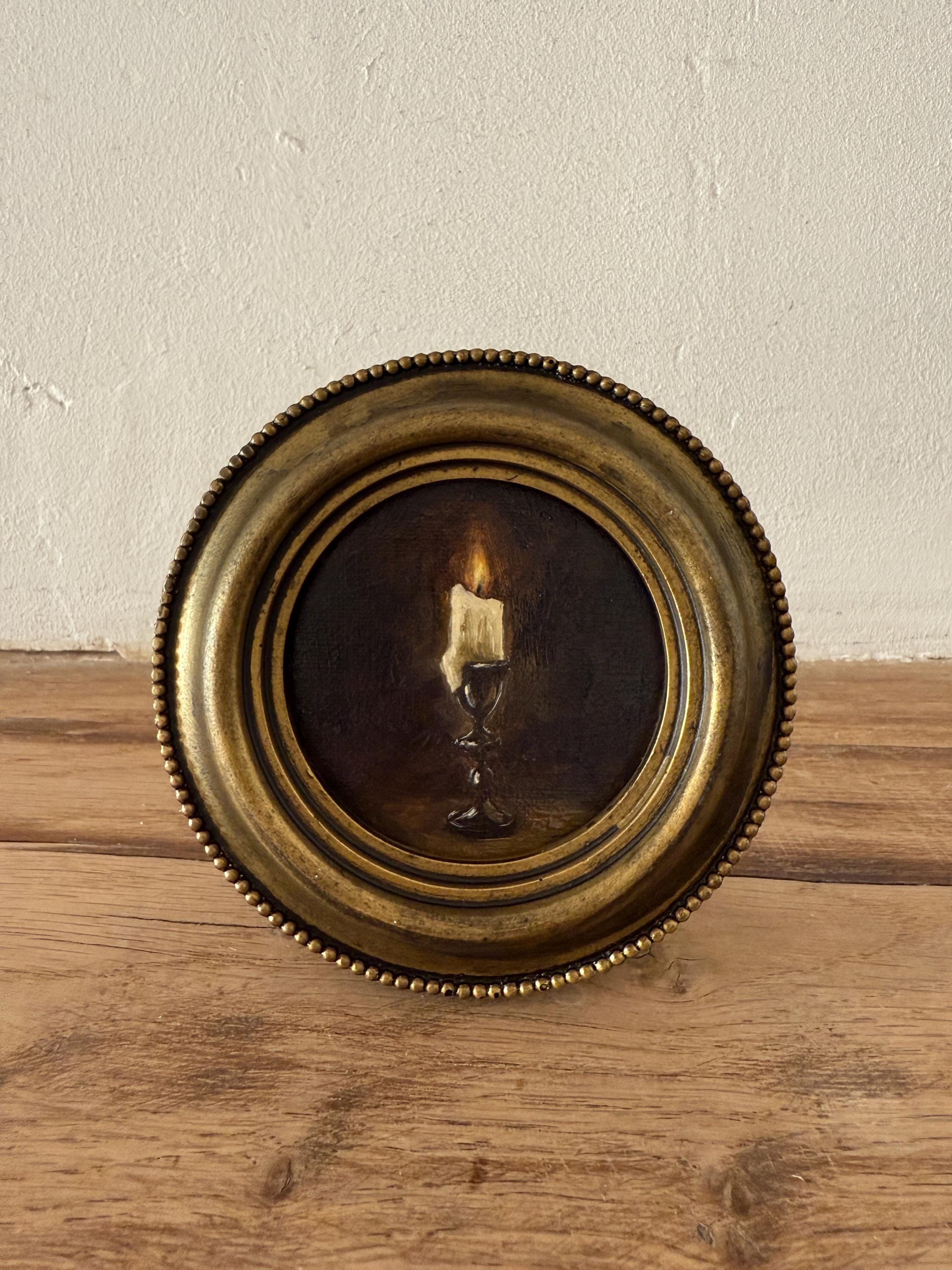 Framed Round Oil Painting of a Lighted Candle in the Dark | It can be hung and displayed