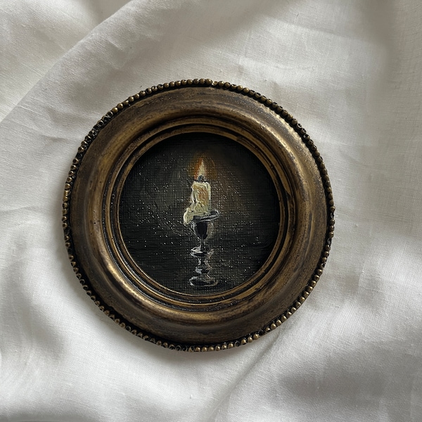 Round Little framed original lighted candle oil painting, gothic golden framed candle flame, authentic interior antic, vintage art, tiny art