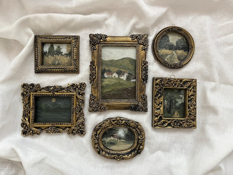 Round Vintage Looking Golden Framed Oil Painting Landscape, Original