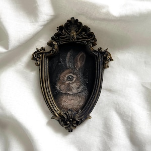 Vintage framed bunny portrait, gothic original handmade rabbit painting, bunny oil painting, original oil painting wall gallery, bunny art