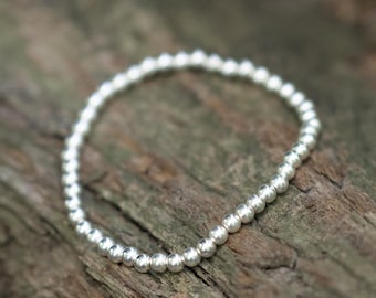 Sterling Silber 4mm Perlen Stretch Stapel Armband, Silber Perlen Armbänder, Silber Stapel Armbänder, Silber Armband Sets,