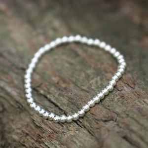 Pulseira de contas elásticas de prata esterlina de 4 mm, pulseiras de contas de prata, pulseiras de prata empilháveis, conjuntos de pulseiras de prata,