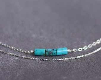 Collier ras de cou superposé en argent sterling et turquoise, double épaisseur réglable, chaîne minimaliste, collier bohème, 14 po. 16 po. ou 18 po. + 2 po.