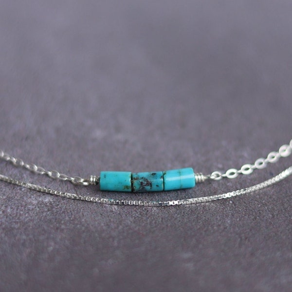 Sterling Silver and Turquoise Layered Choker Necklace, Adjustable Double Layer, Minimalist Chain, Boho Necklace, 14", 16" or 18" + 2" Ext
