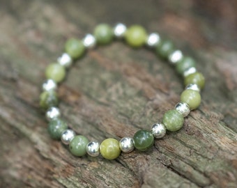 Sterling Silver and Jade Beaded Bracelet, Silver Bracelet, Jade Bracelet
