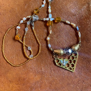Honeybee with Comb and Honey Colored Beaded Necklace