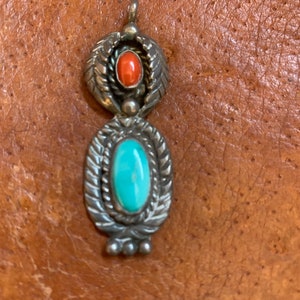Vintage Navajo Sterling Silver, Coral and Turquoise Pendant
