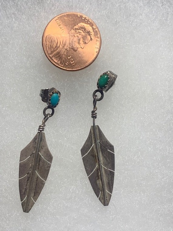Turquoise & Sterling Silver Feather Earrings - Pi… - image 3