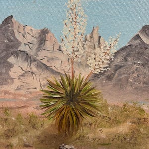 Puede incluir: Pintura al óleo de un paisaje desértico con una planta de yuca en primer plano. La planta tiene una base verde espinosa y un tallo con flores blancas. Las montañas están al fondo bajo un cielo azul claro.