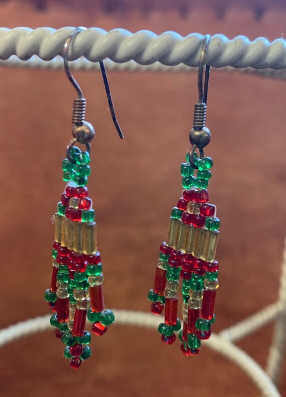 Beaded Red & Green Flower Drop Earrings