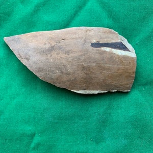 May include: A weathered, irregularly shaped piece of stone with a light brown surface and a dark, black streak. The stone fragment rests on a green fabric background, suggesting a natural or geological theme.