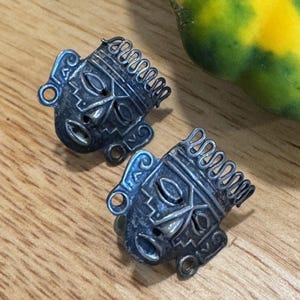 Vintage Sterling Silver Mexican Mayan Masks Screw Back Earrings
