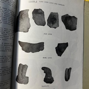 May include: A book page showing illustrations of ancient pottery fragments, including jar lugs, bowl lugs, and handles. The text reads "FIGURE 3 LINO GREY LUGS AND HANDLES". A scale in inches and centimetres is included.